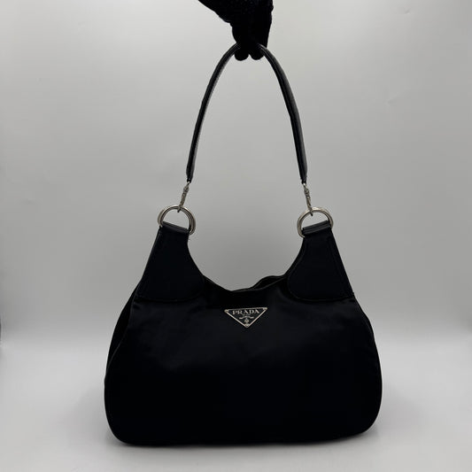 Prada Black Nylon and Leather Hobo Shoulder Bag SHW