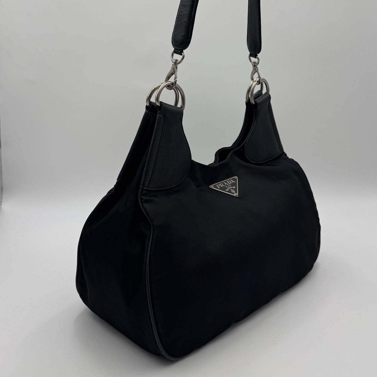 Prada Black Nylon and Leather Hobo Shoulder Bag SHW