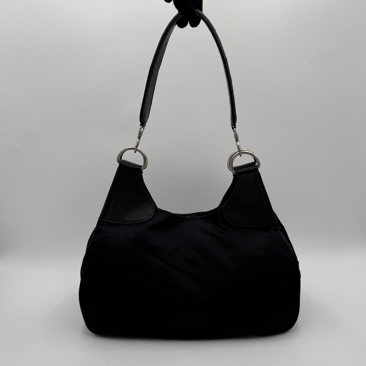 Prada Black Nylon and Leather Hobo Shoulder Bag SHW