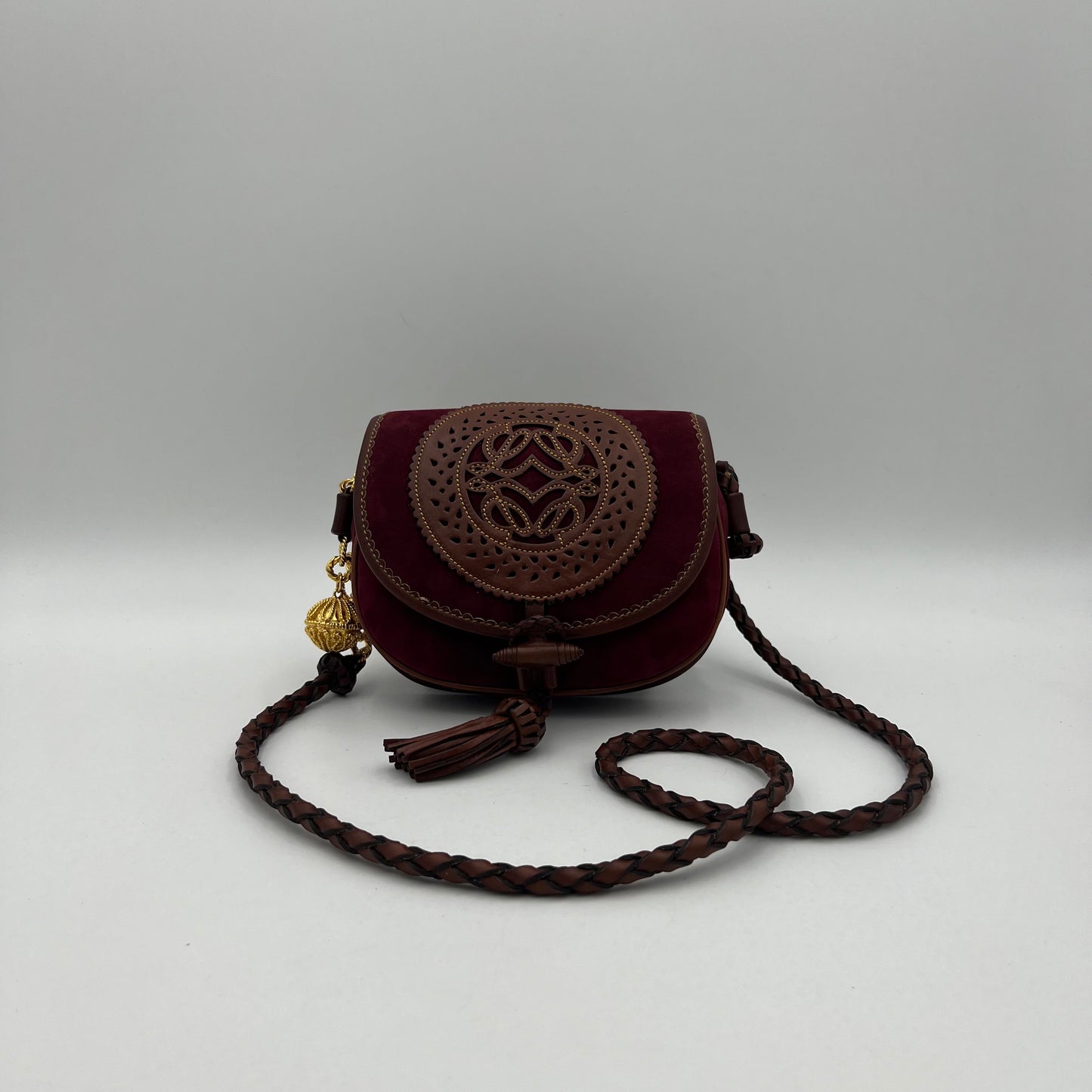 Loewe Wine Purple Suede Anagram Sevilla Tassel Crossbody