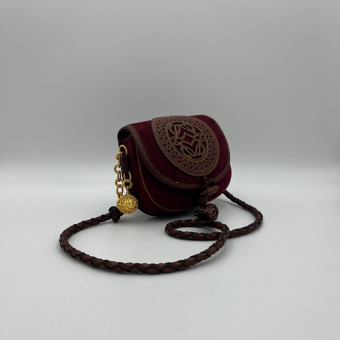 Loewe Wine Purple Suede Anagram Sevilla Tassel Crossbody