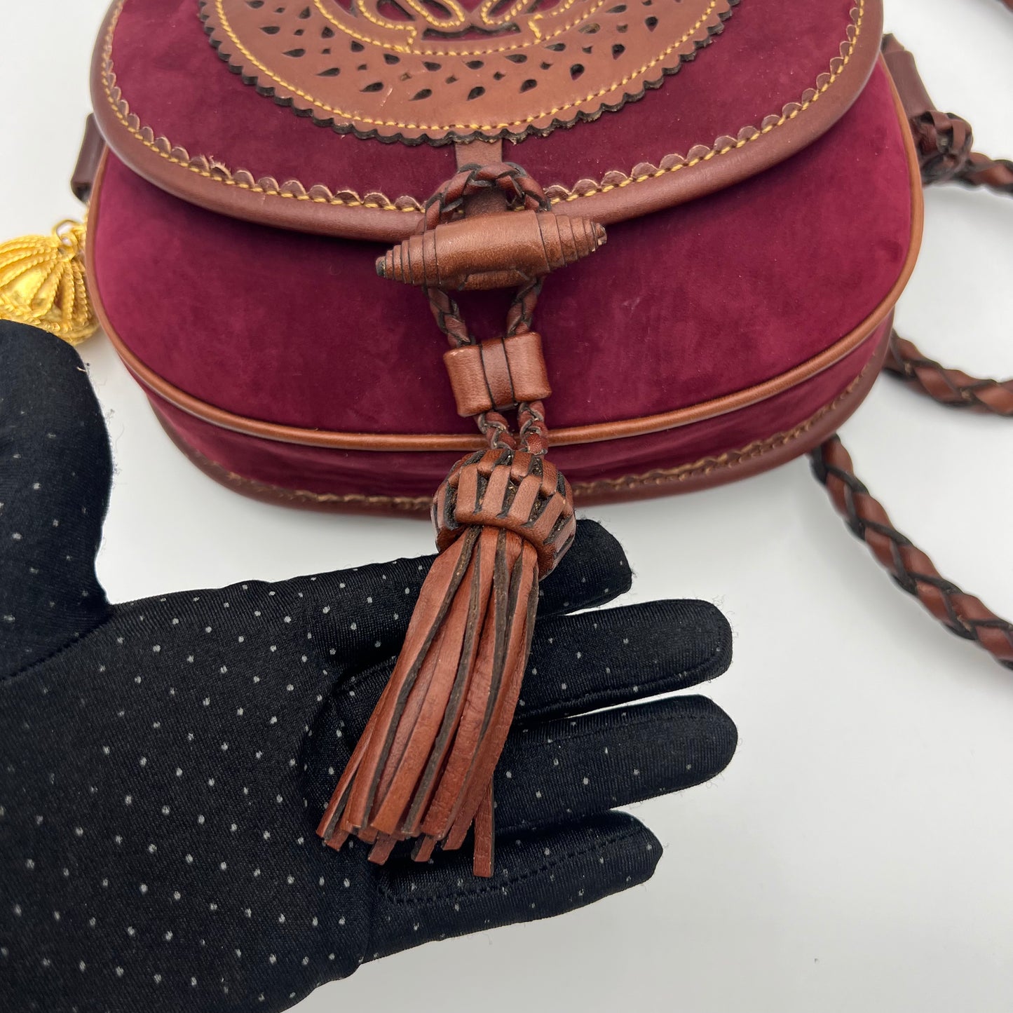 Loewe Wine Purple Suede Anagram Sevilla Tassel Crossbody