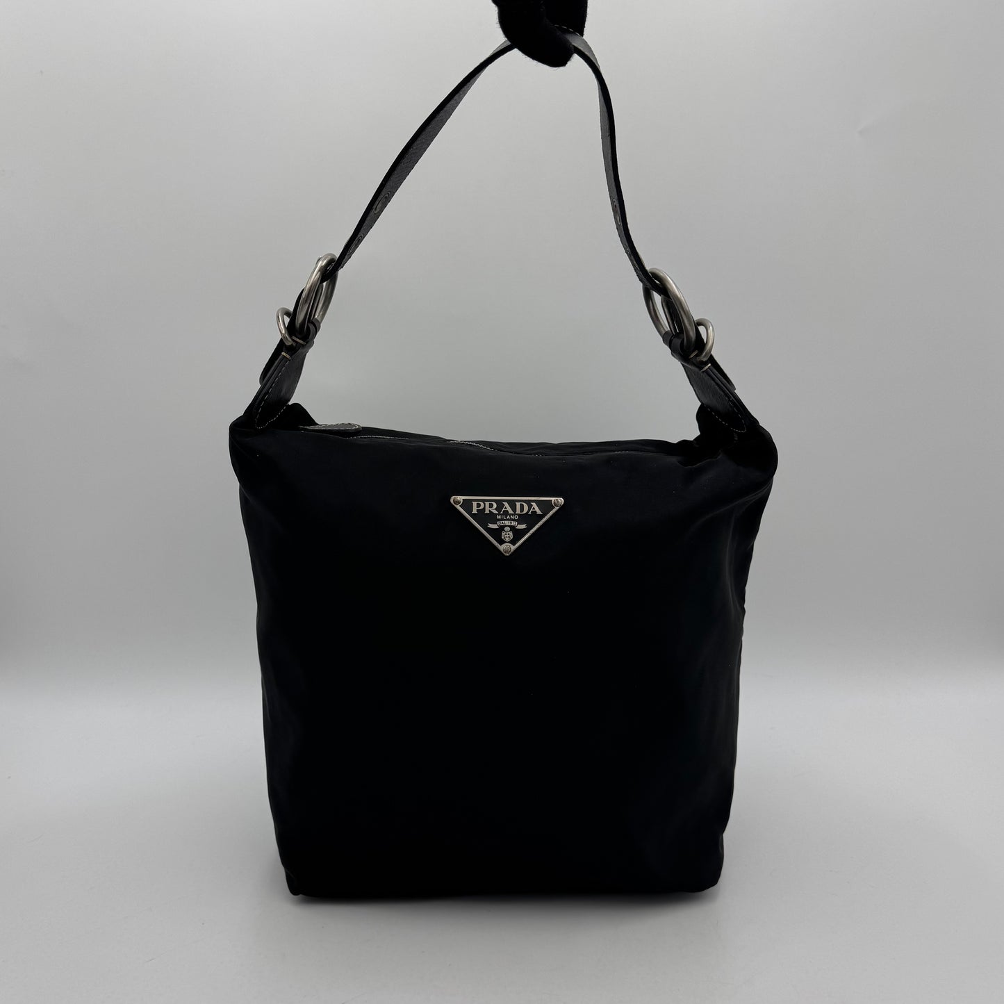 Prada Black Tessuto and Saffiano Large Logo Plate Hobo Shoulder Bag