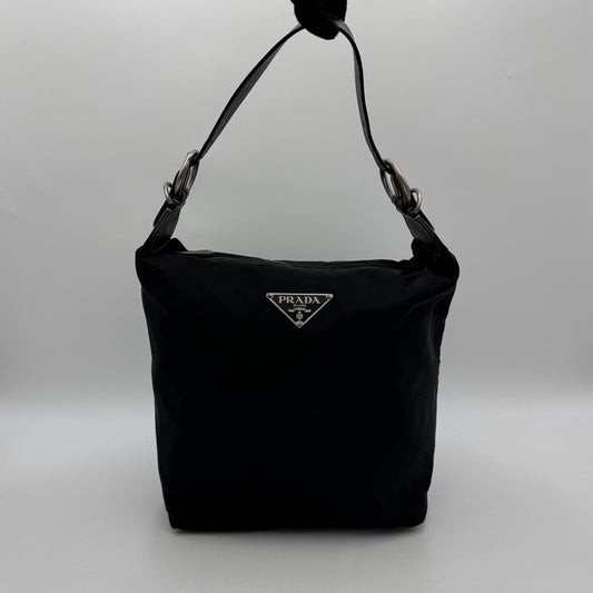 Prada Black Tessuto and Saffiano Large Logo Plate Hobo Shoulder Bag