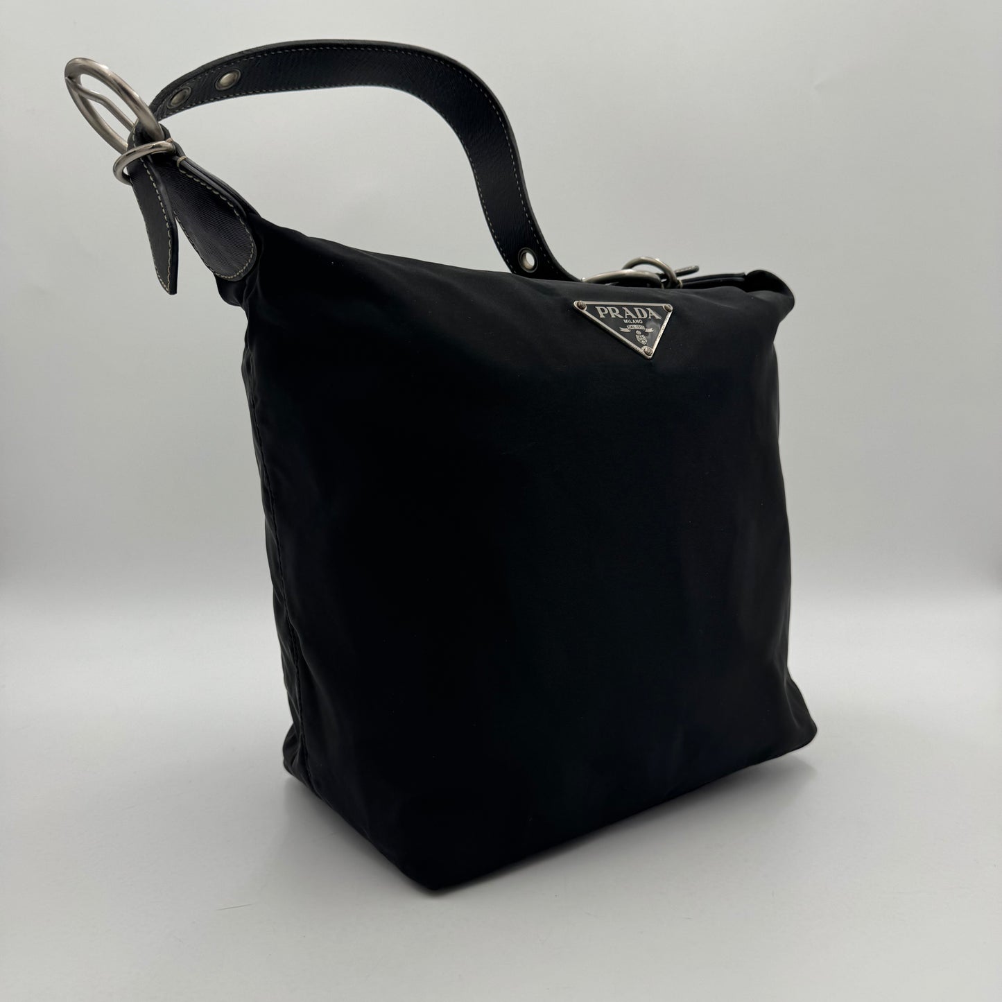 Prada Black Tessuto and Saffiano Large Logo Plate Hobo Shoulder Bag