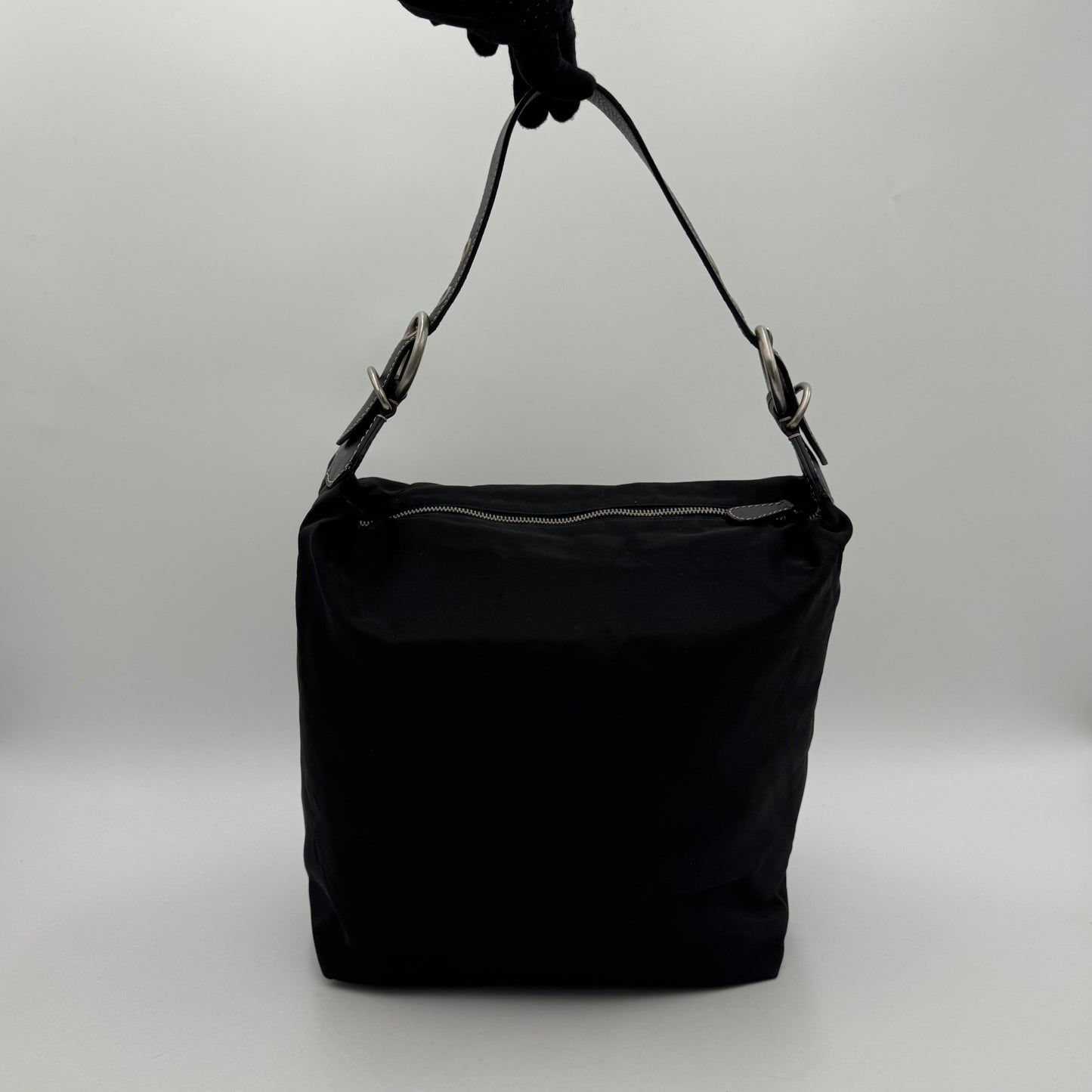 Prada Black Tessuto and Saffiano Large Logo Plate Hobo Shoulder Bag