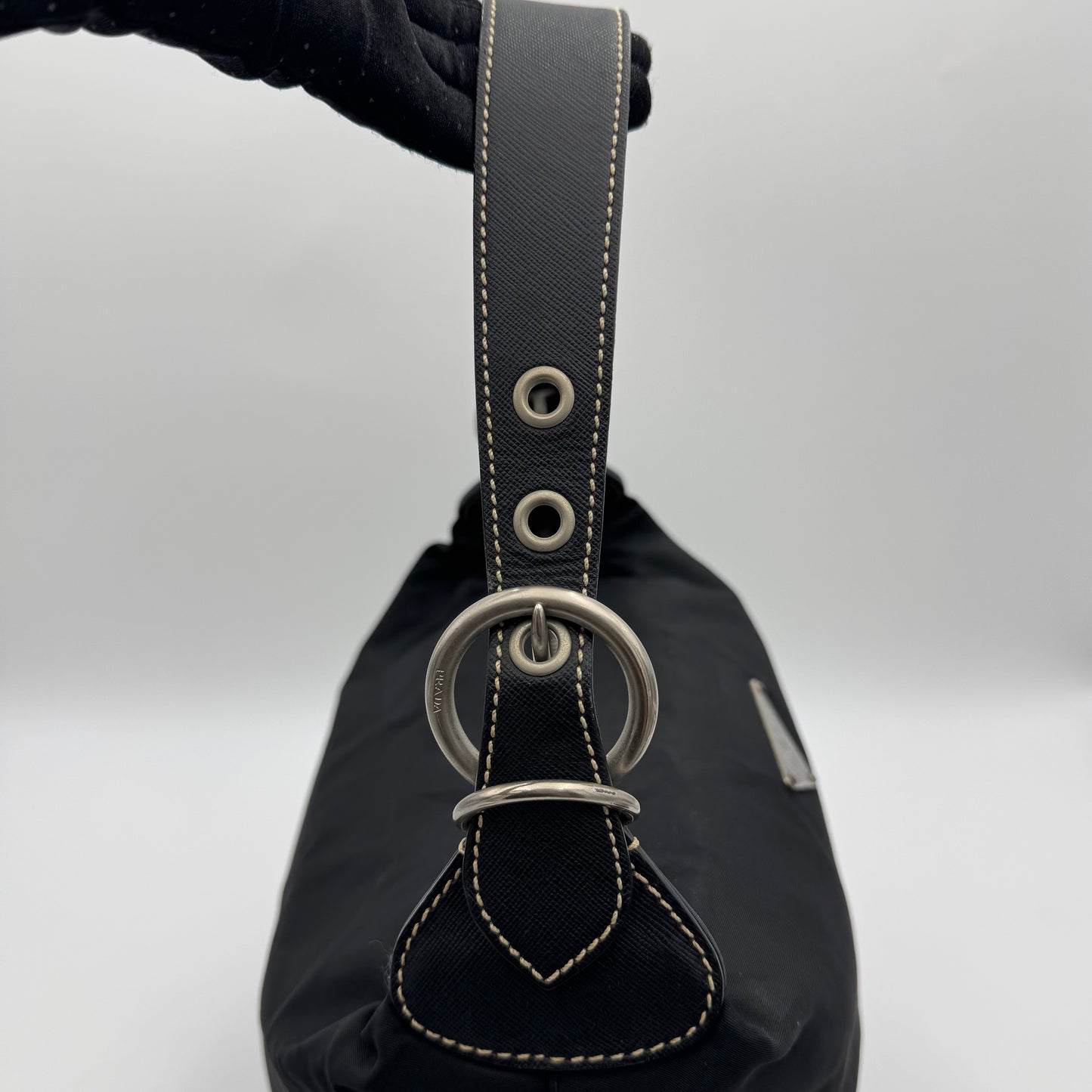 Prada Black Tessuto and Saffiano Large Logo Plate Hobo Shoulder Bag