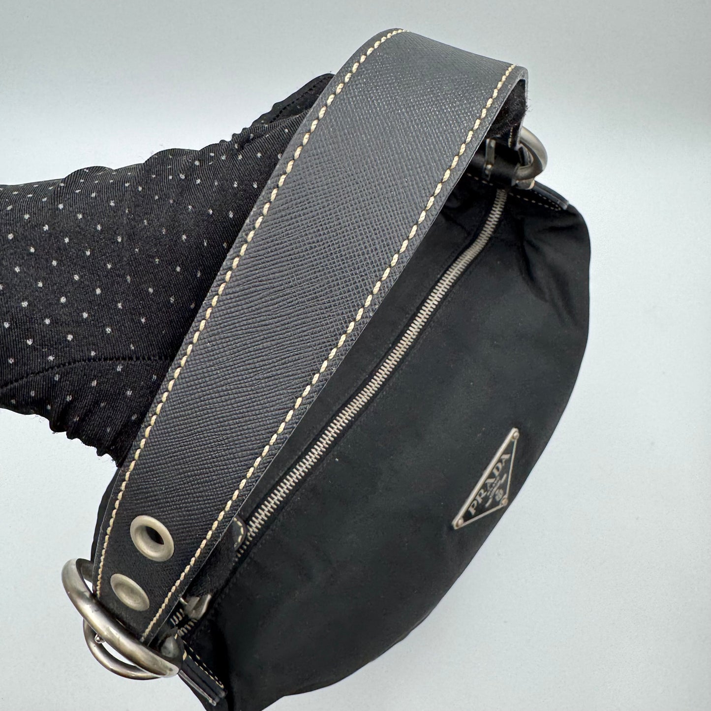 Prada Black Tessuto and Saffiano Large Logo Plate Hobo Shoulder Bag