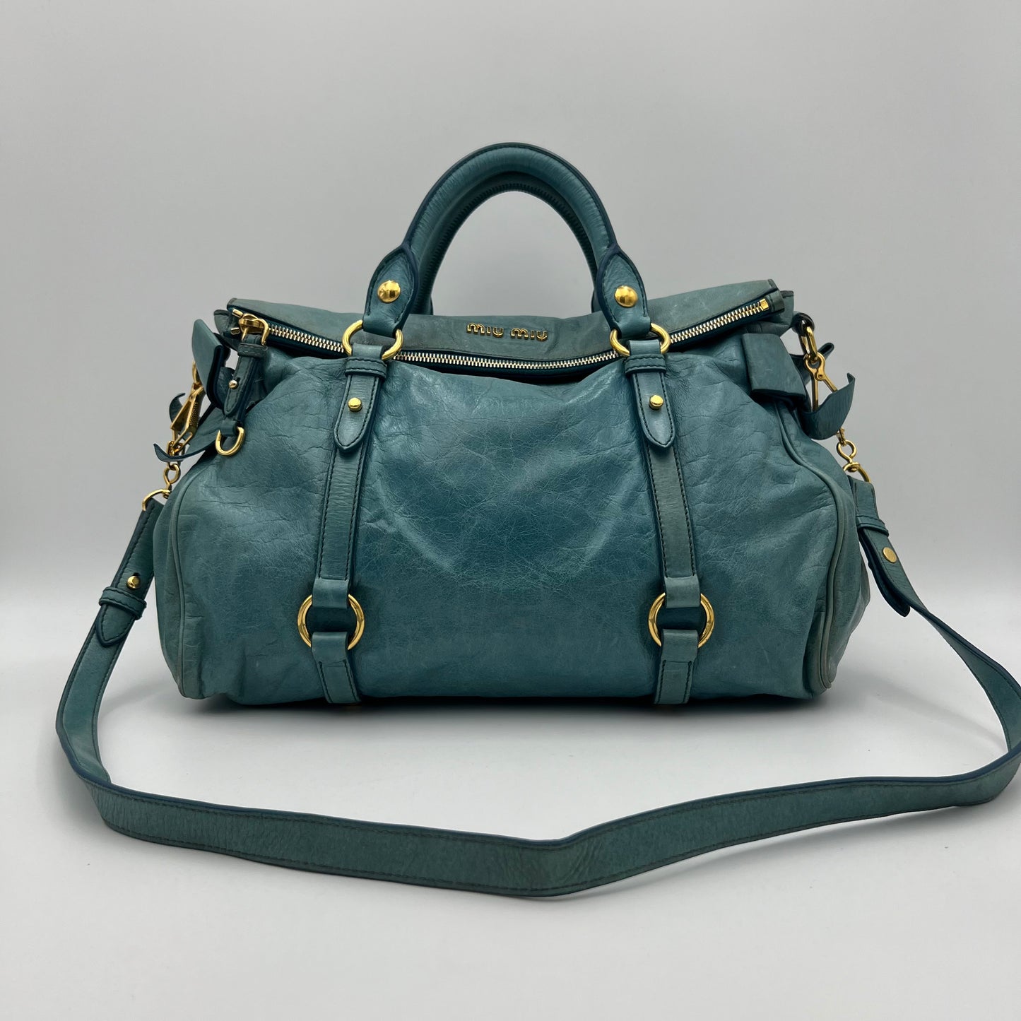 Miu Miu Blue Vitello Lux Bow Satchel
