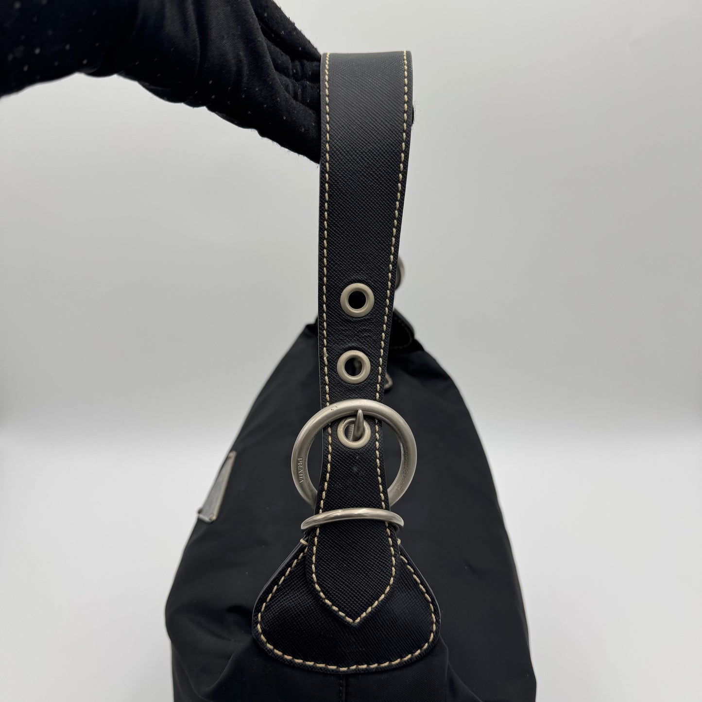 Prada Black Tessuto and Saffiano Large Logo Plate Hobo Shoulder Bag