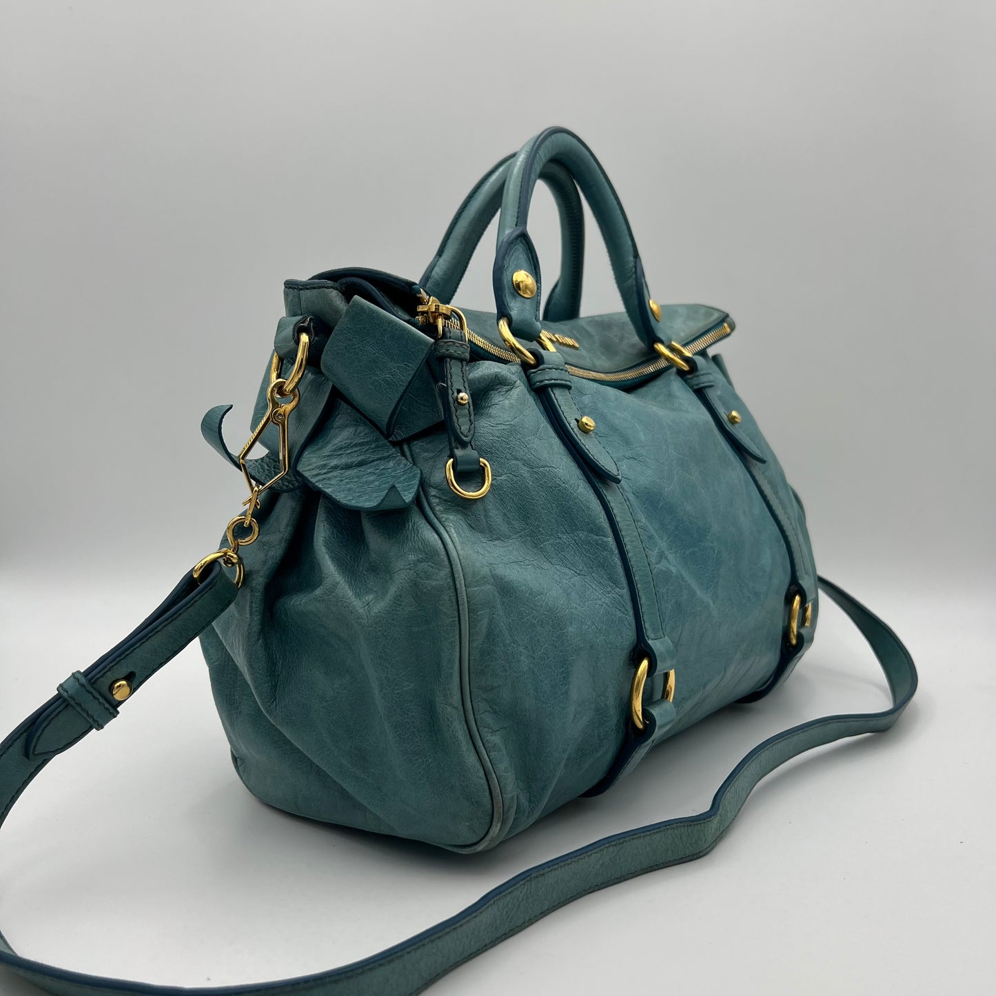 Miu Miu Blue Vitello Lux Bow Satchel