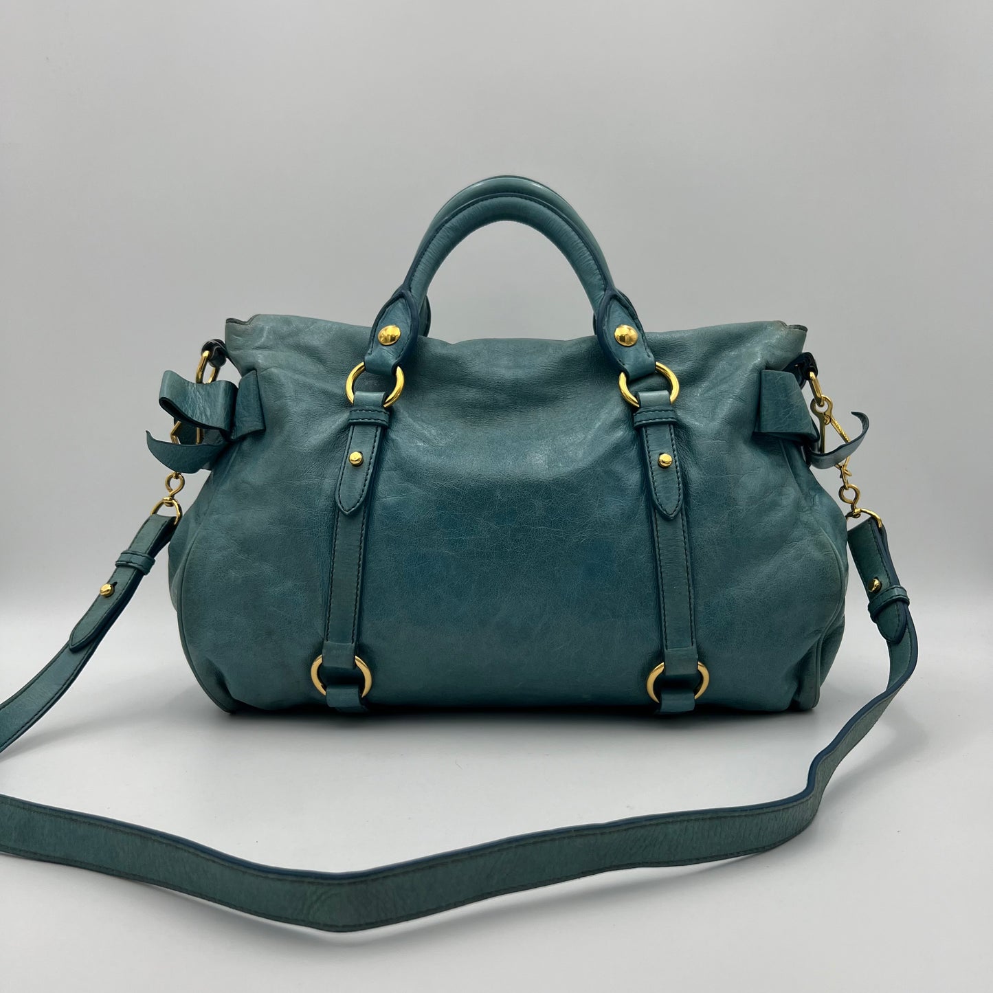 Miu Miu Blue Vitello Lux Bow Satchel