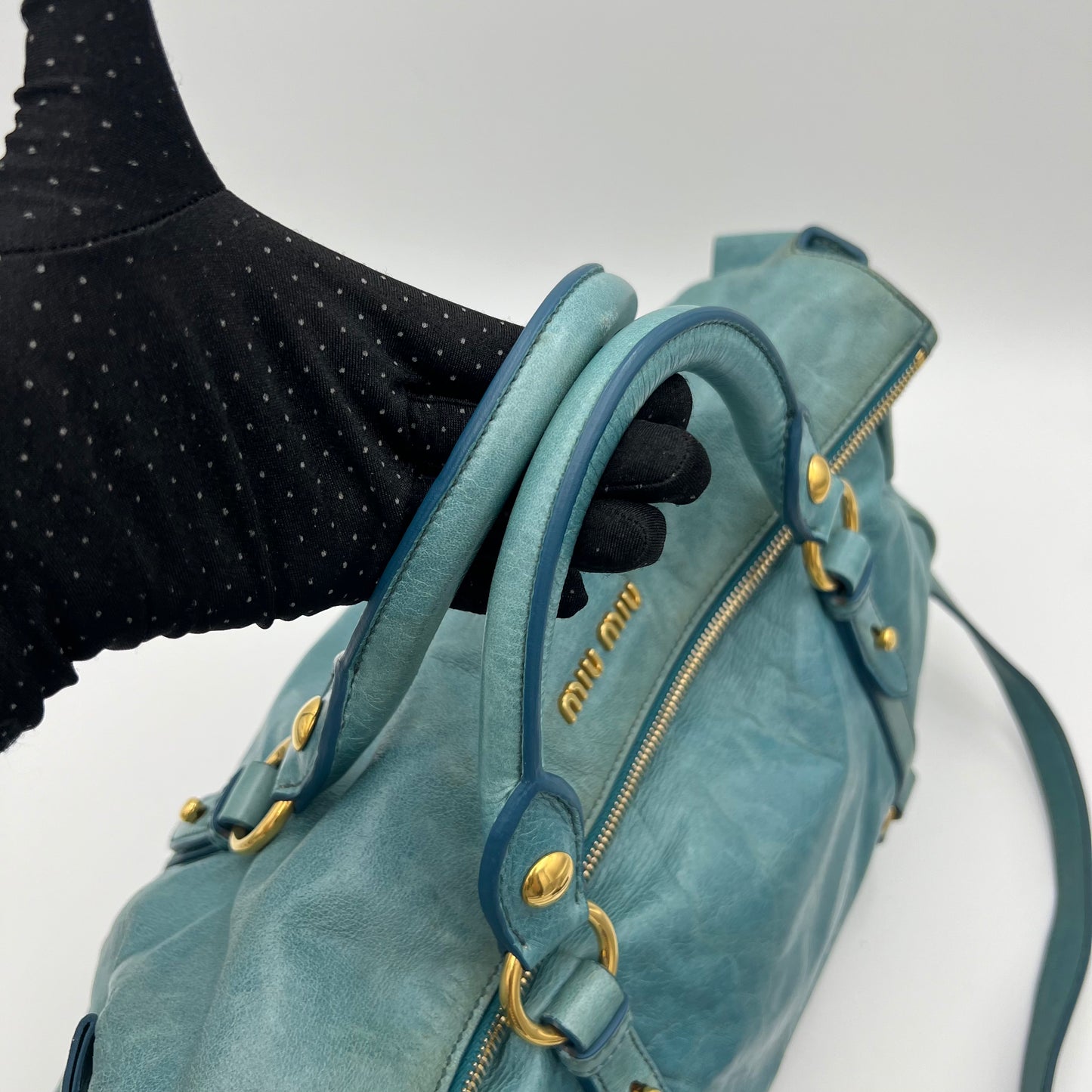 Miu Miu Blue Vitello Lux Bow Satchel