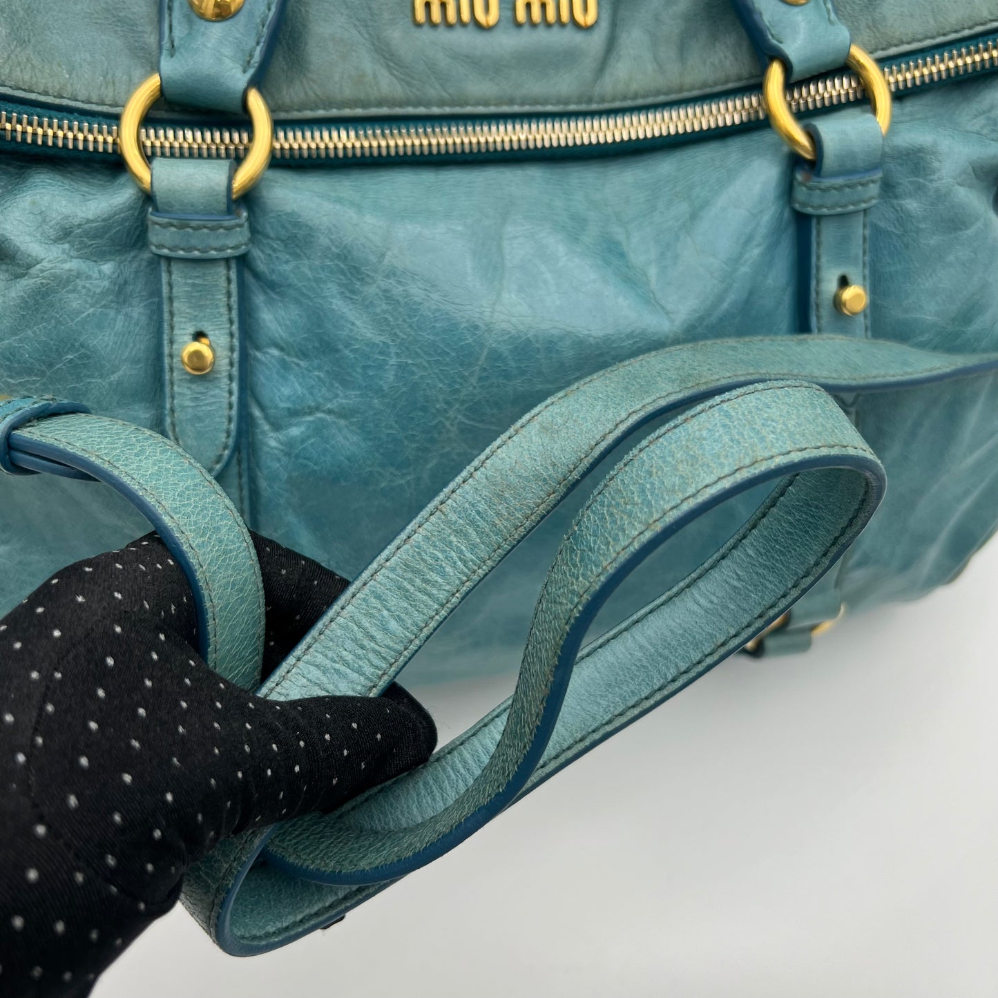 Miu Miu Blue Vitello Lux Bow Satchel