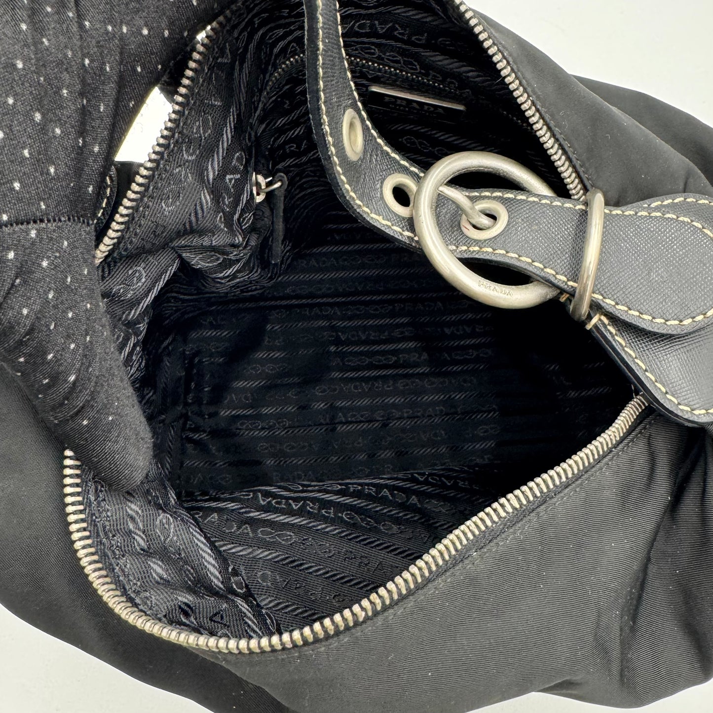 Prada Black Tessuto and Saffiano Large Logo Plate Hobo Shoulder Bag
