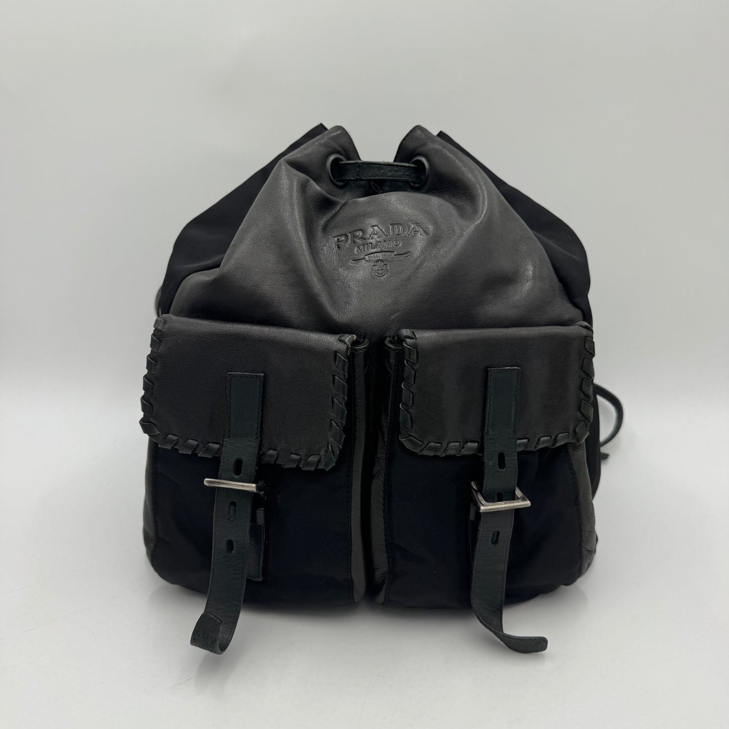 Prada Vintage Black Leather and Nylon Drawstring Backpack