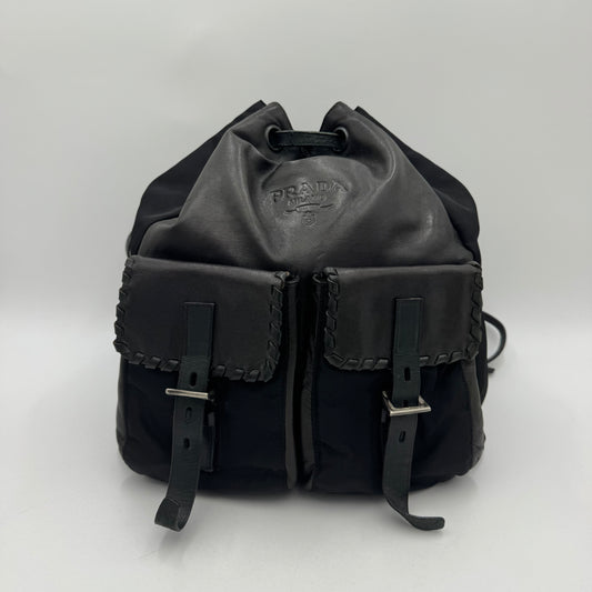 Prada Vintage Black Leather and Nylon Drawstring Backpack