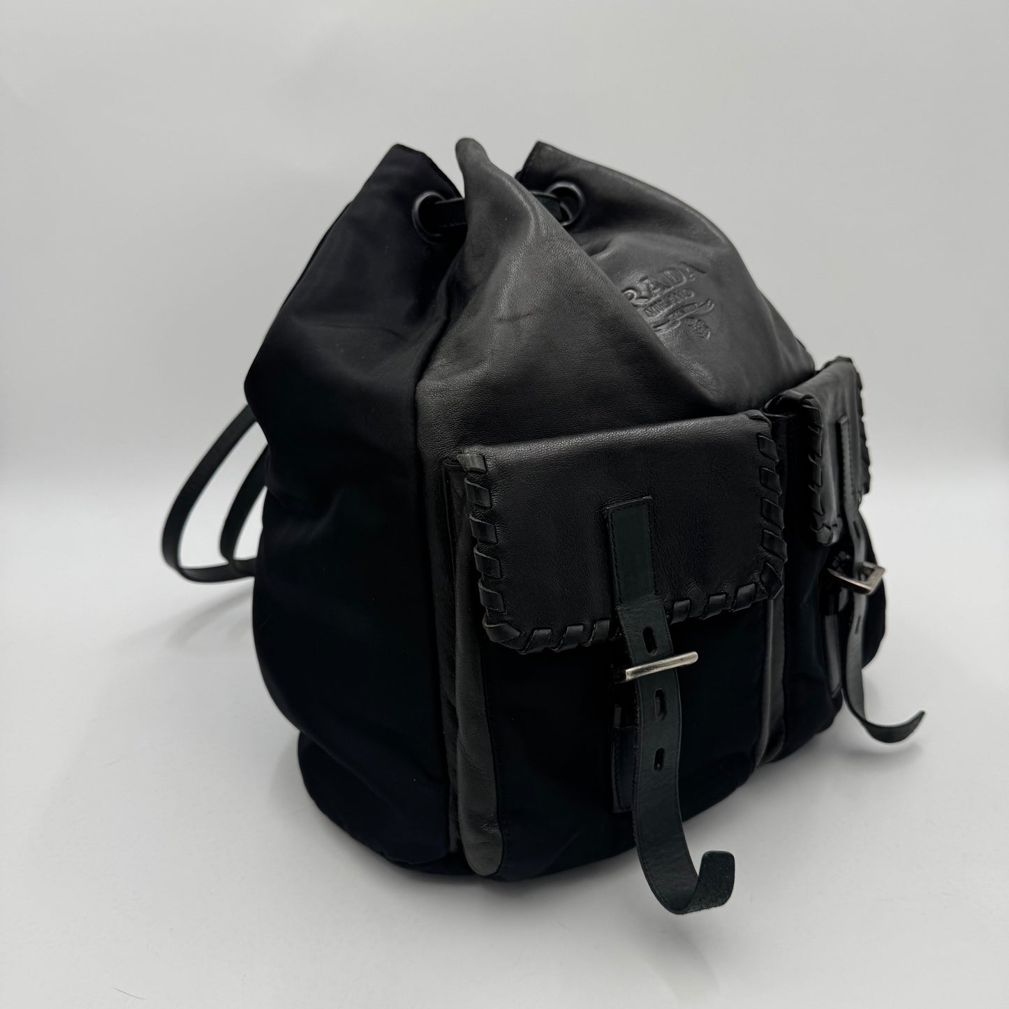 Prada Vintage Black Leather and Nylon Drawstring Backpack