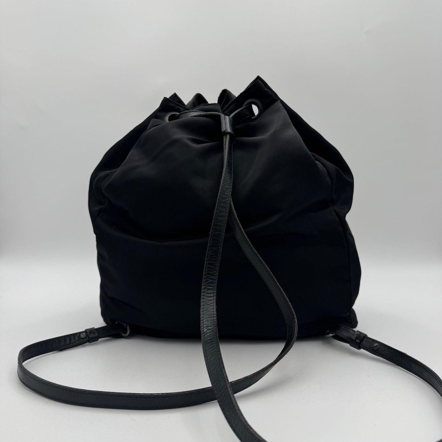 Prada Vintage Black Leather and Nylon Drawstring Backpack