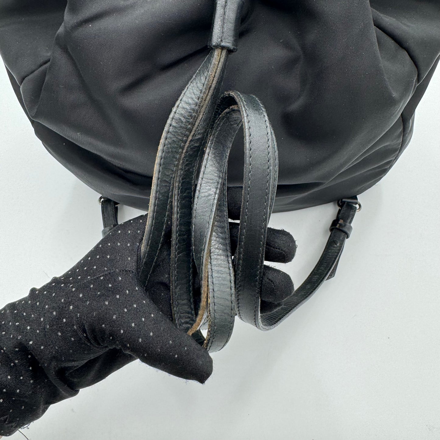 Prada Vintage Black Leather and Nylon Drawstring Backpack