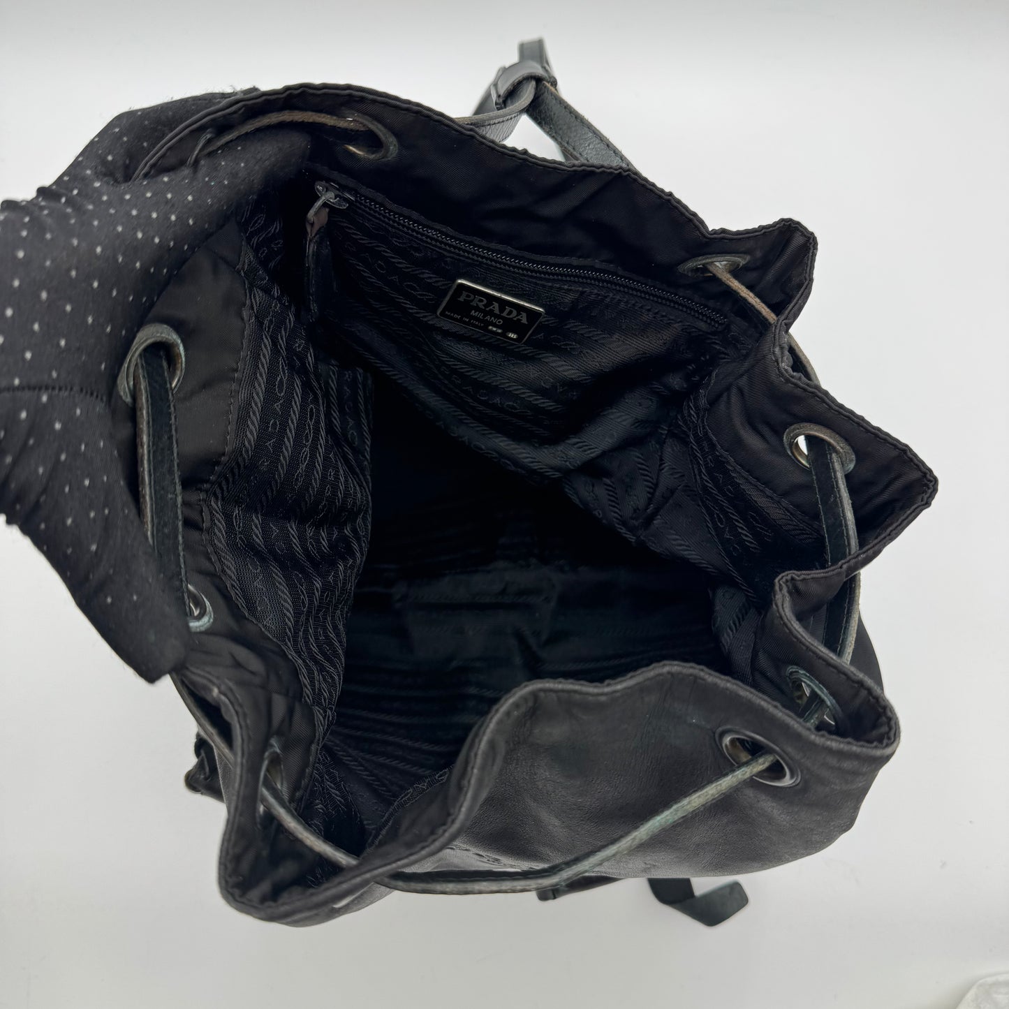 Prada Vintage Black Leather and Nylon Drawstring Backpack
