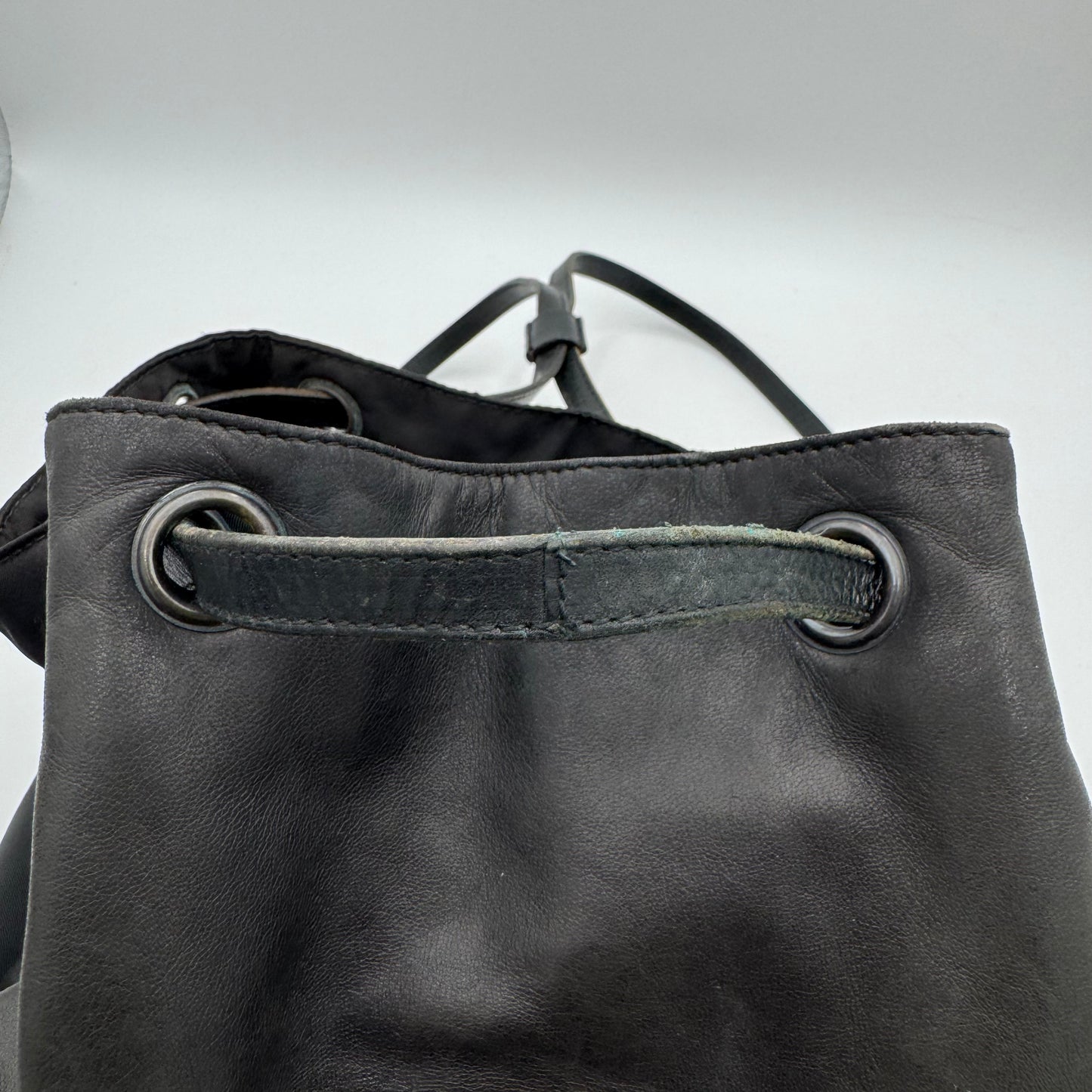Prada Vintage Black Leather and Nylon Drawstring Backpack