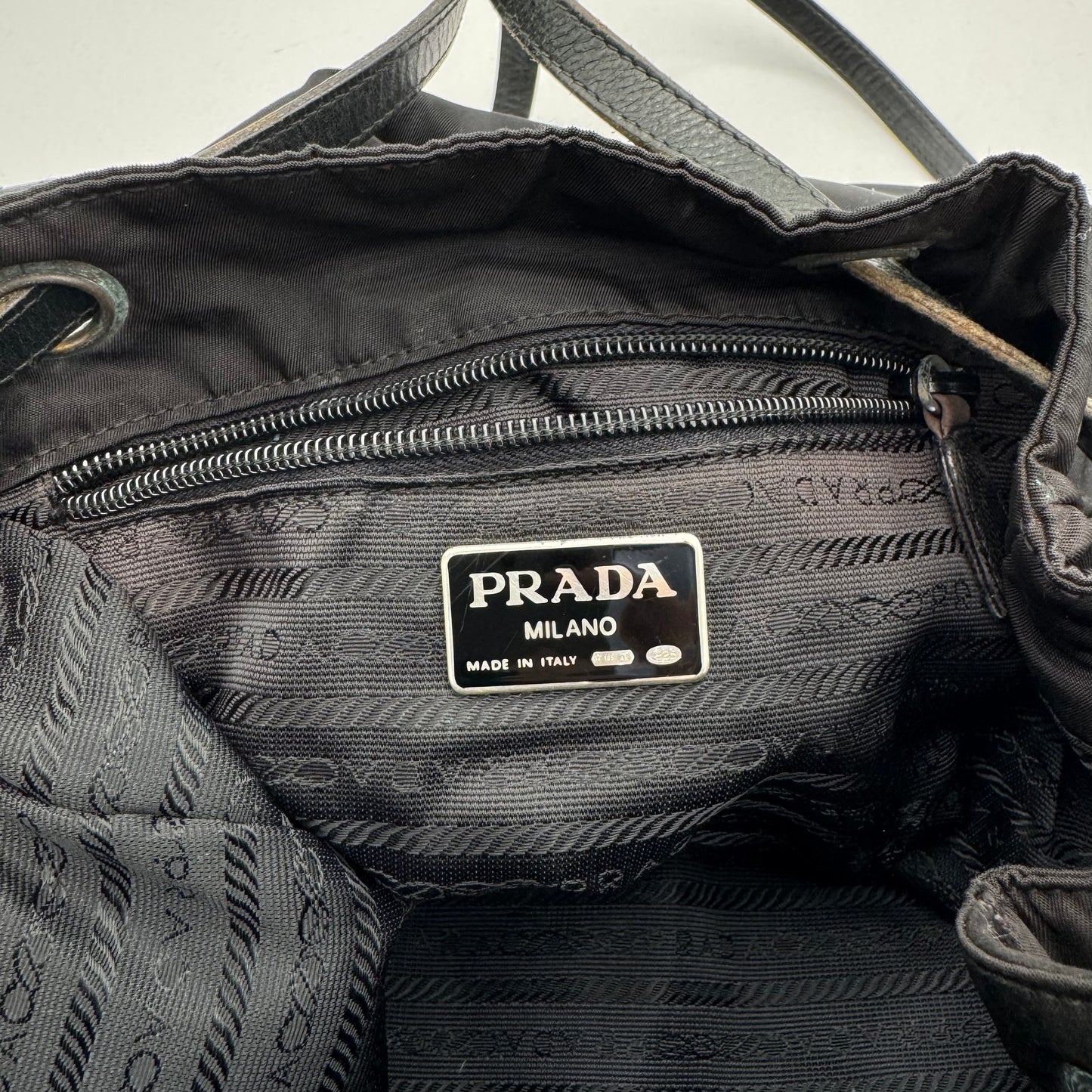 Prada Vintage Black Leather and Nylon Drawstring Backpack