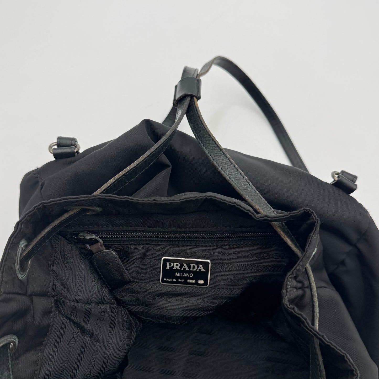 Prada Vintage Black Leather and Nylon Drawstring Backpack