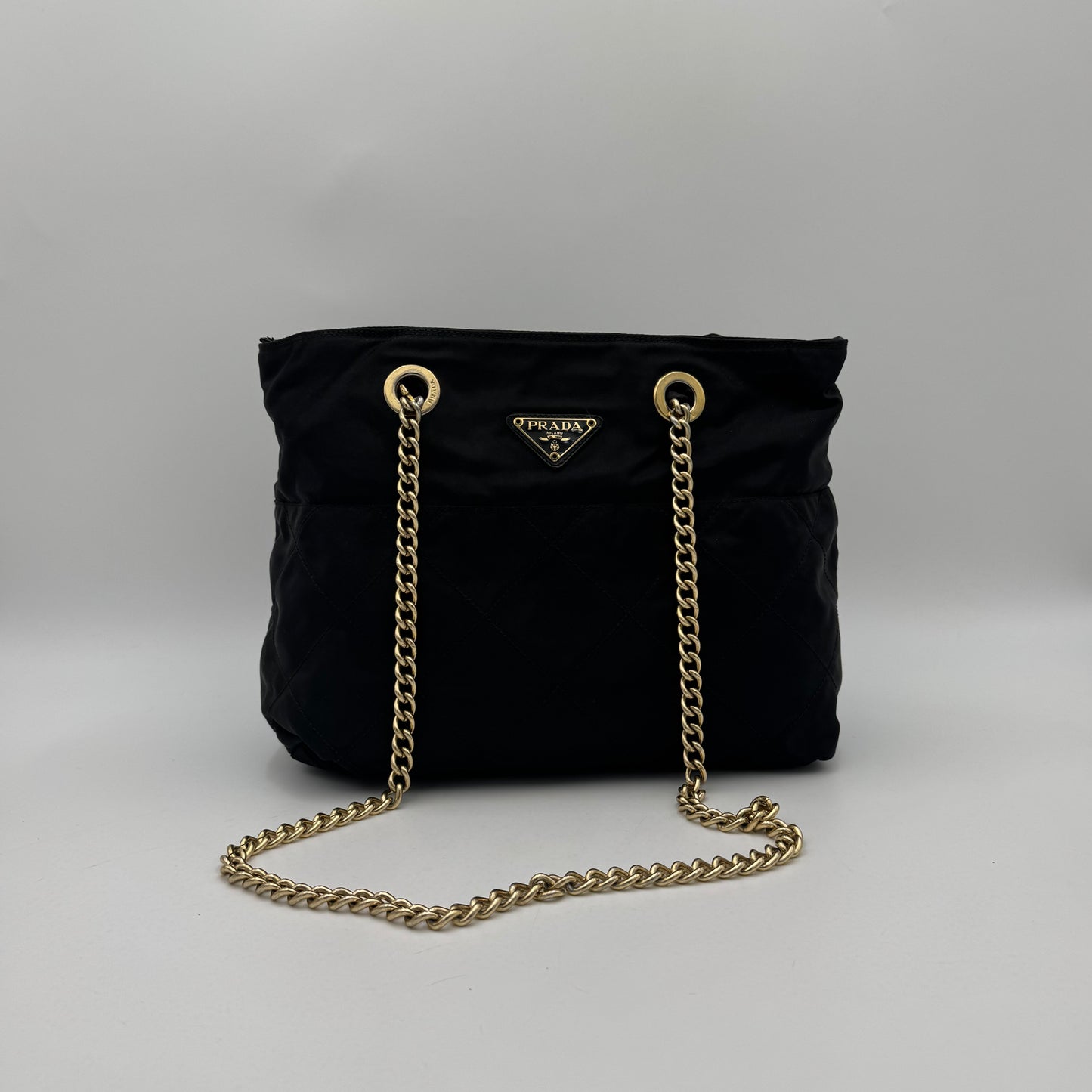 Prada Black Quilted Nylon Medium Zip Chain Bag GHW