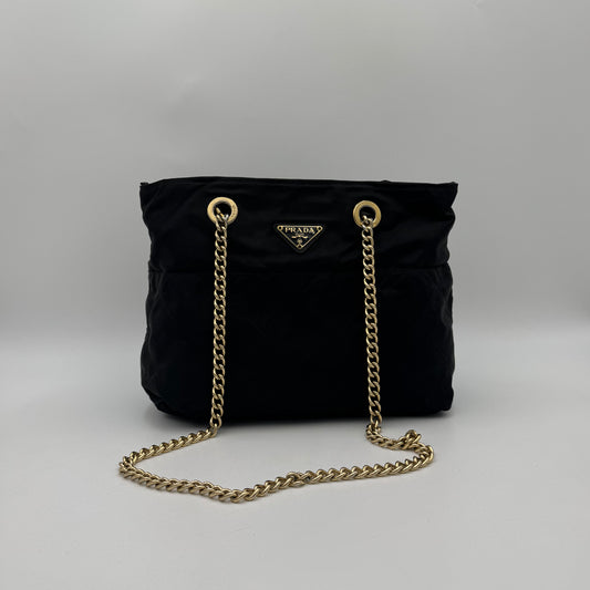 Prada Black Quilted Nylon Medium Zip Chain Bag GHW