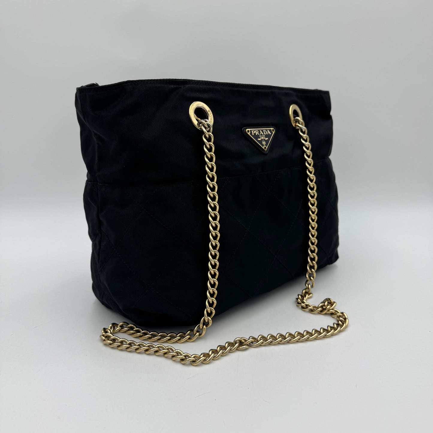 Prada Black Quilted Nylon Medium Zip Chain Bag GHW