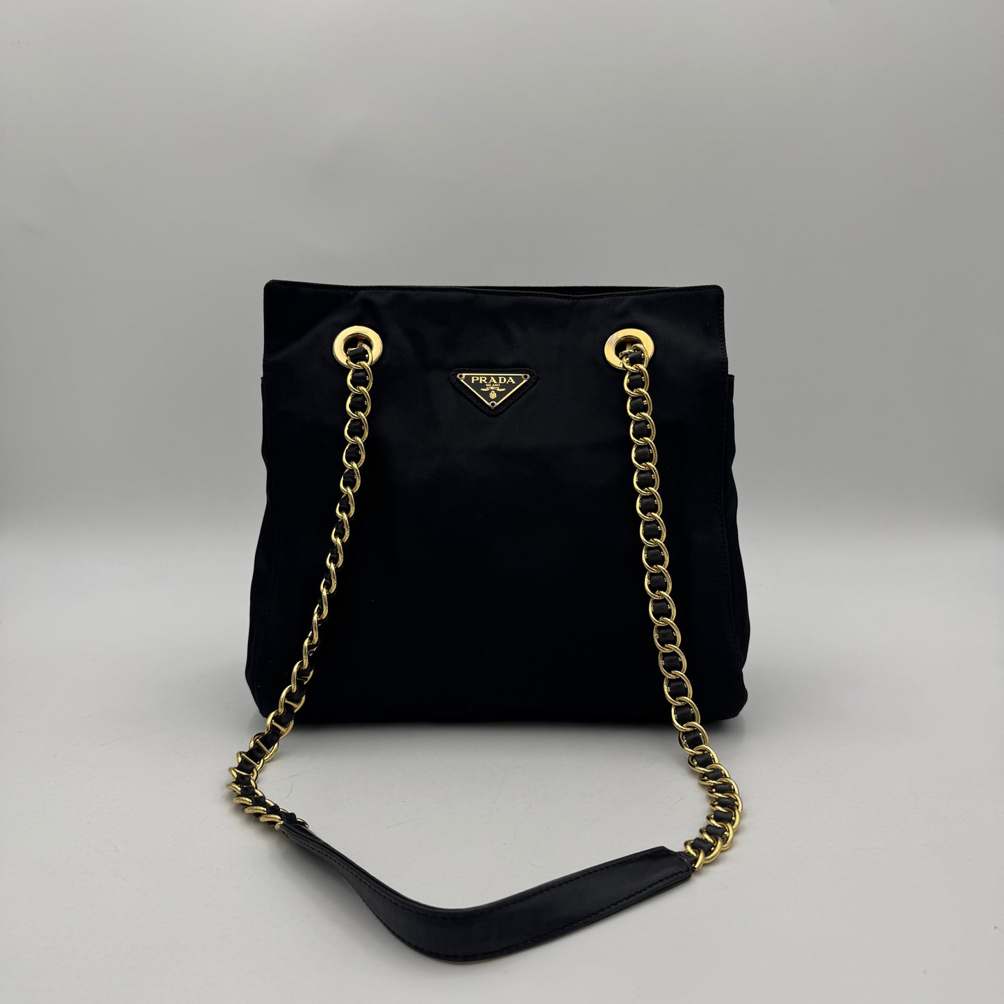 Prada Black Nylon and Leather Open Chain Bag GHW
