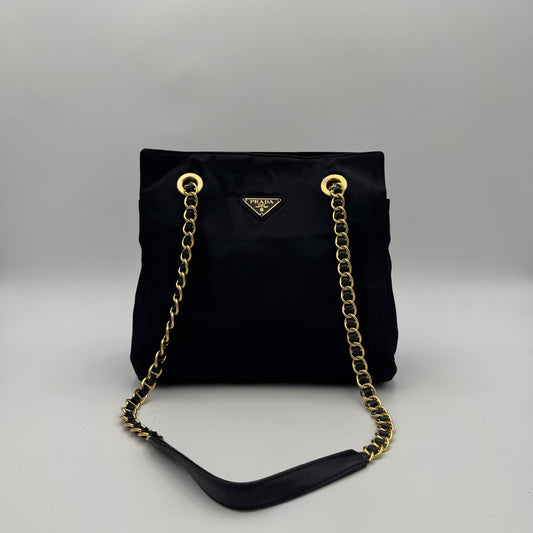 Prada Black Nylon and Leather Open Chain Bag GHW
