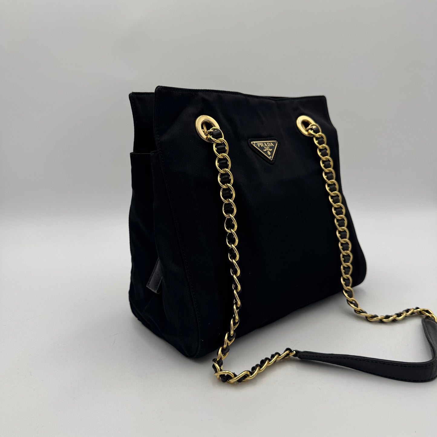 Prada Black Nylon and Leather Open Chain Bag GHW