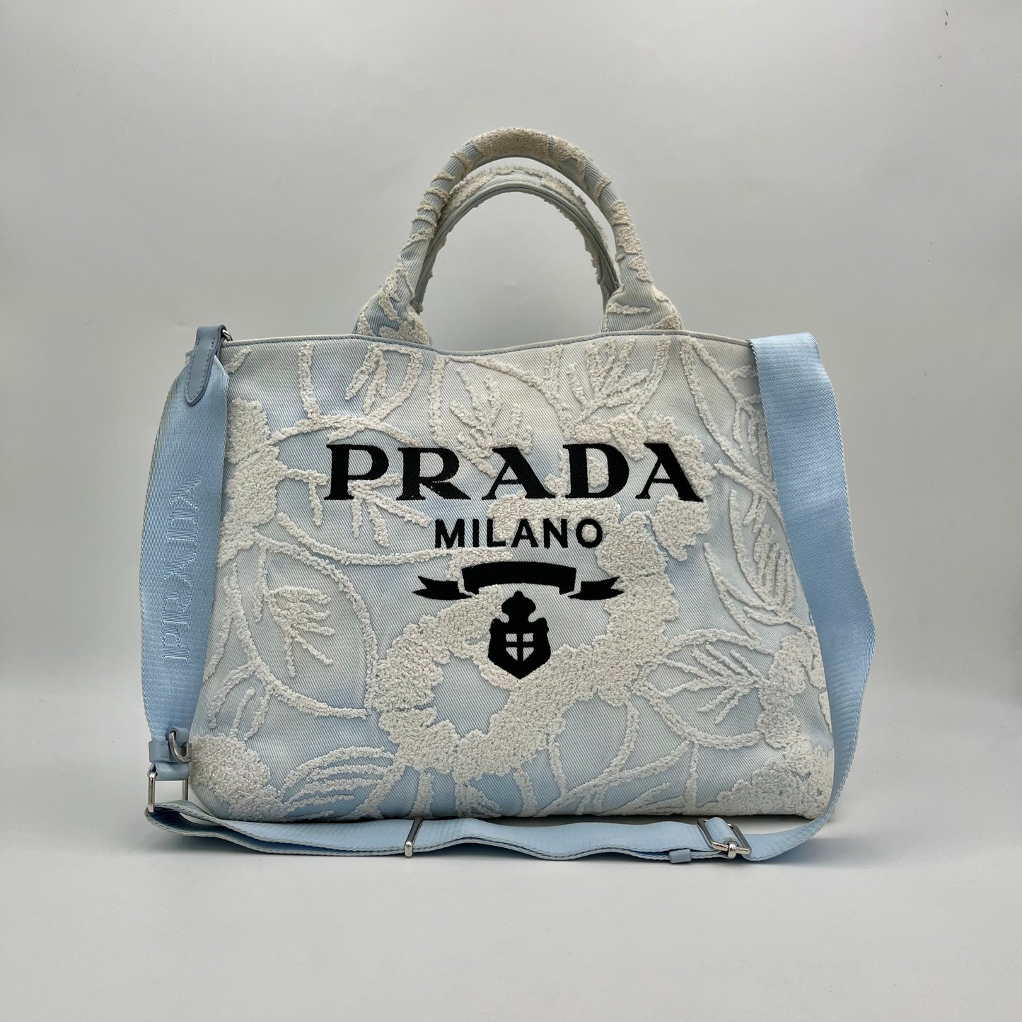 Prada Blue Embroidered Drill Tote with Sling