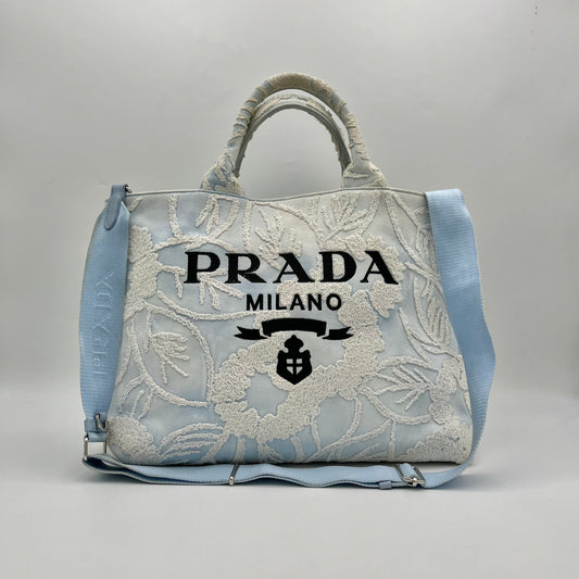 Prada Blue Embroidered Drill Tote with Sling