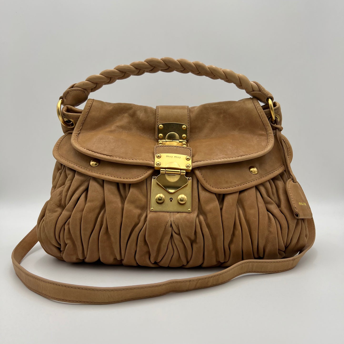 Miu Miu Camel Matelasse Coffer Satchel