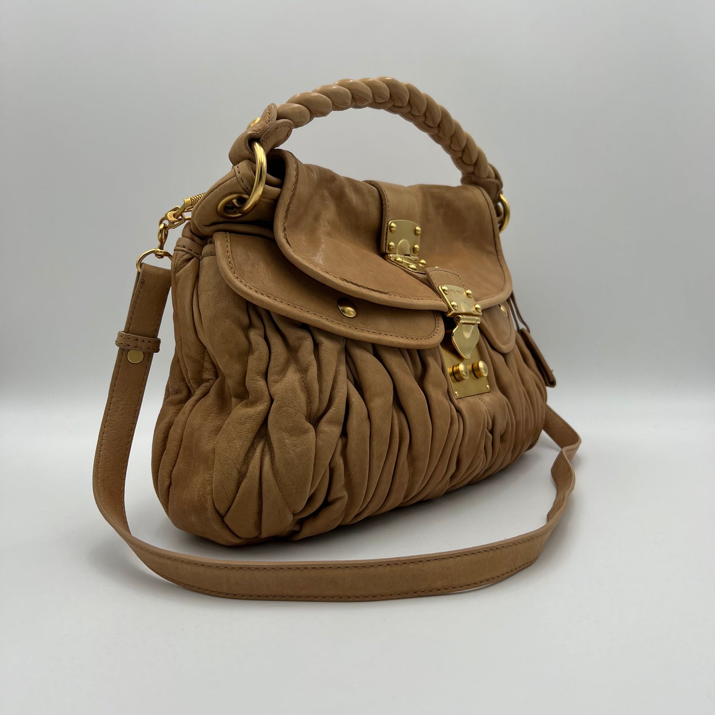 Miu Miu Camel Matelasse Coffer Satchel