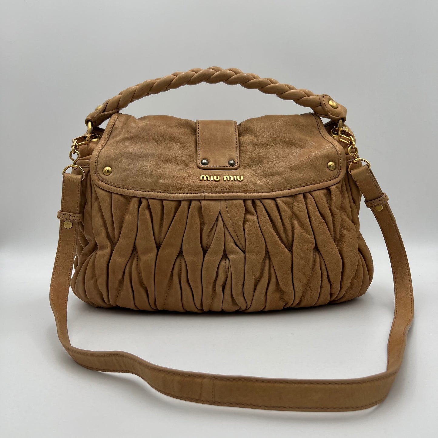 Miu Miu Camel Matelasse Coffer Satchel