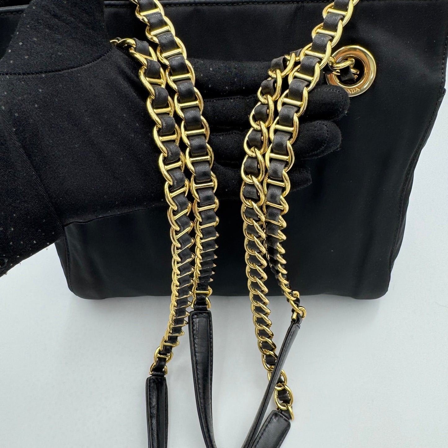 Prada Black Nylon and Leather Open Chain Bag GHW