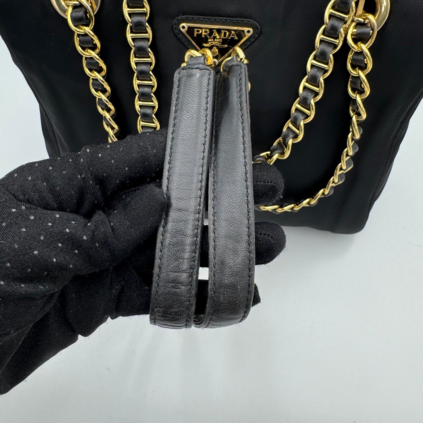 Prada Black Nylon and Leather Open Chain Bag GHW