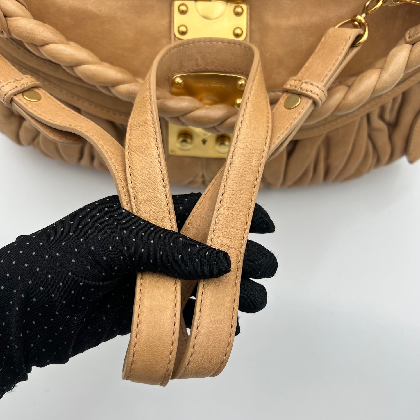 Miu Miu Camel Matelasse Coffer Satchel