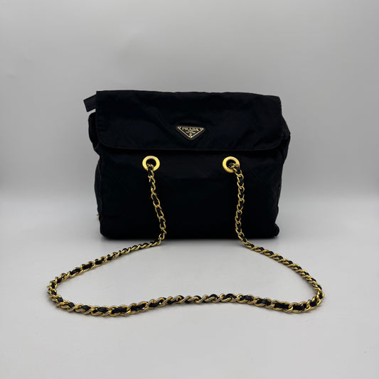Prada Black Quilted Nylon Medium Flap Chain Bag GHW