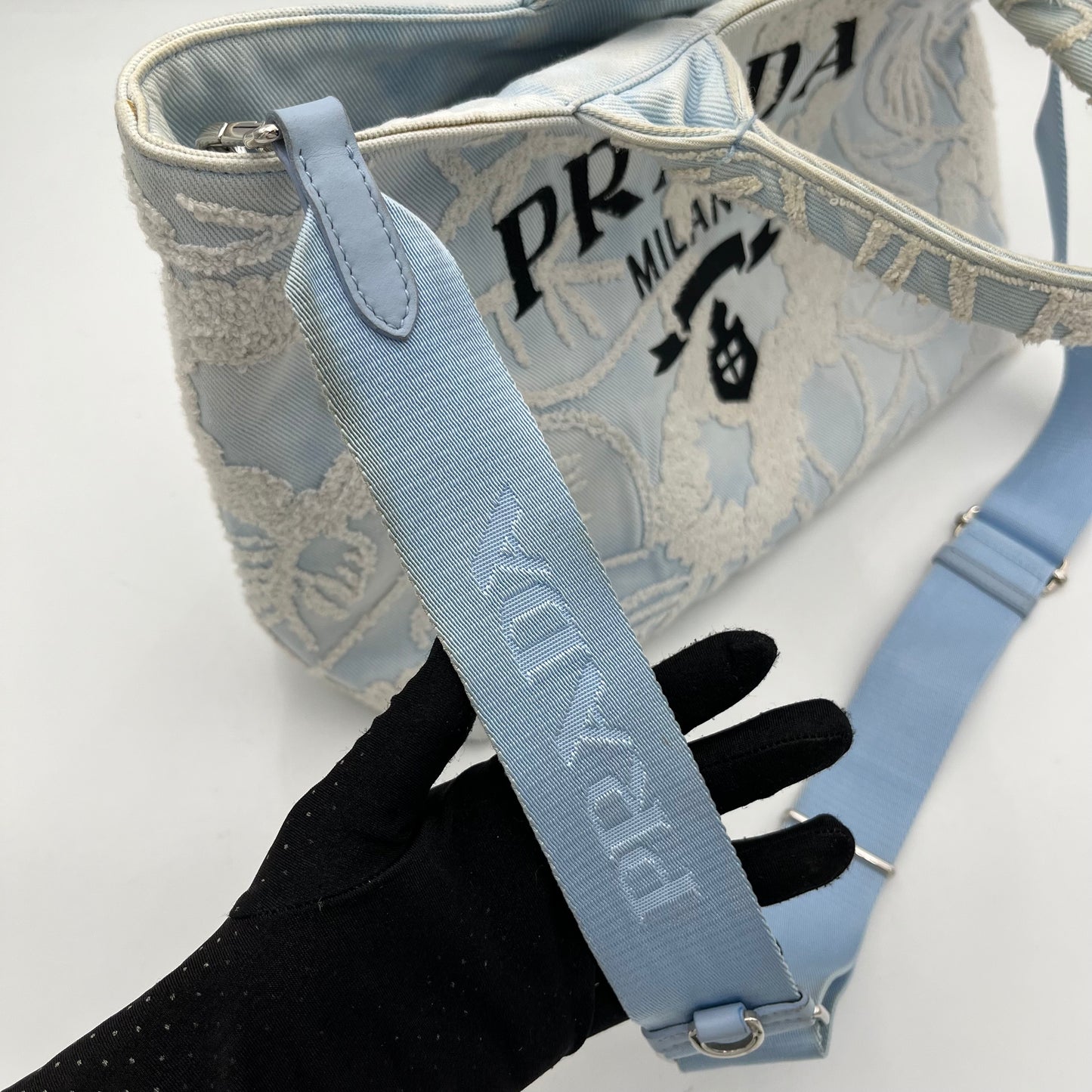 Prada Blue Embroidered Drill Tote with Sling