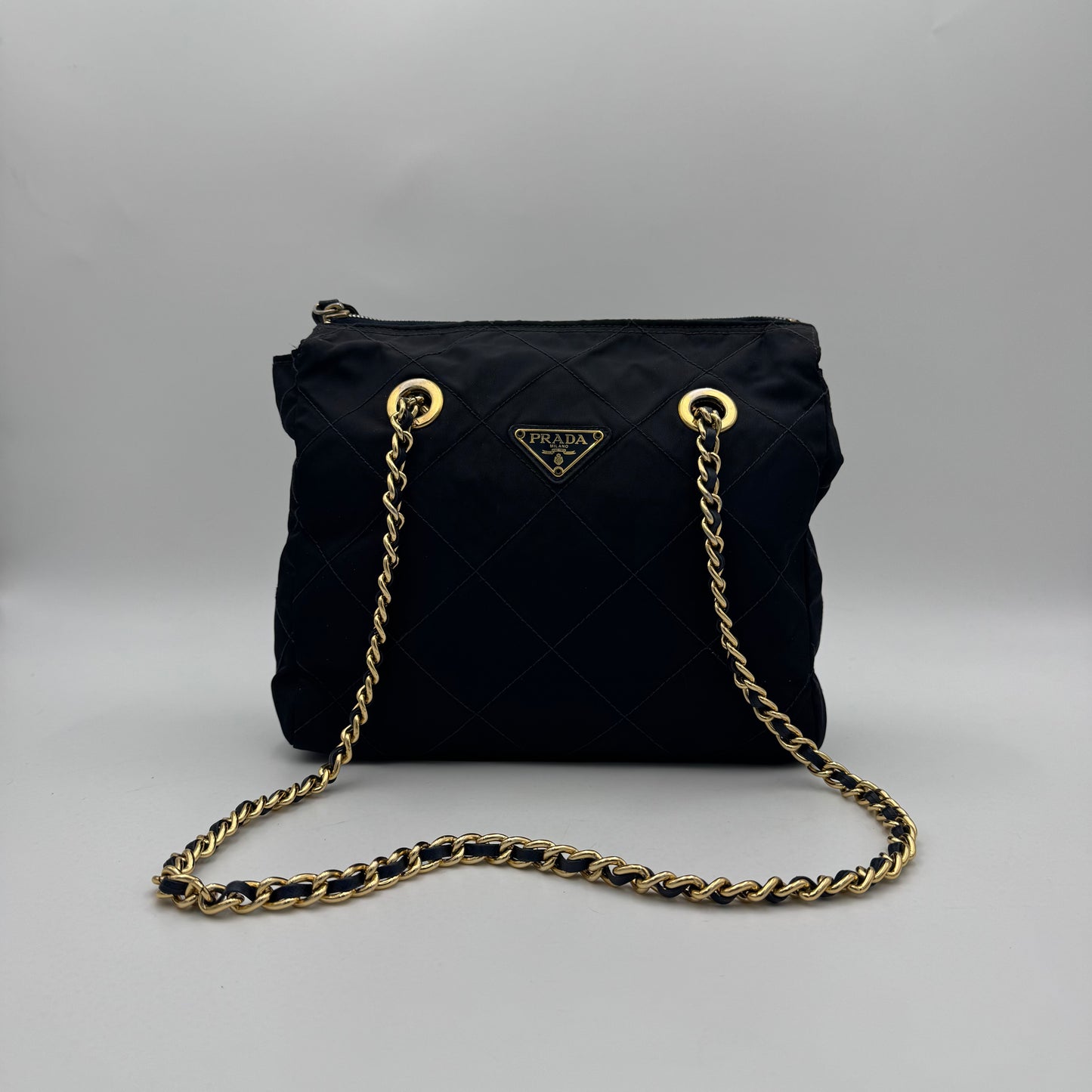 Prada Dark Blue Quilted Nylon Zip Chain Bag GHW