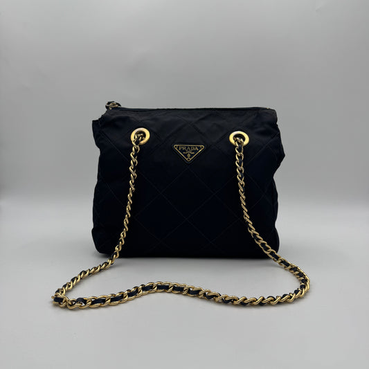 Prada Dark Blue Quilted Nylon Zip Chain Bag GHW