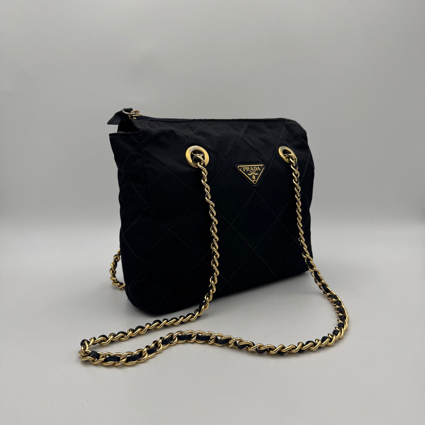 Prada Dark Blue Quilted Nylon Zip Chain Bag GHW