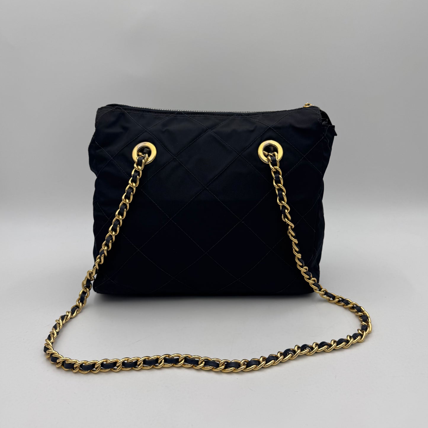 Prada Dark Blue Quilted Nylon Zip Chain Bag GHW