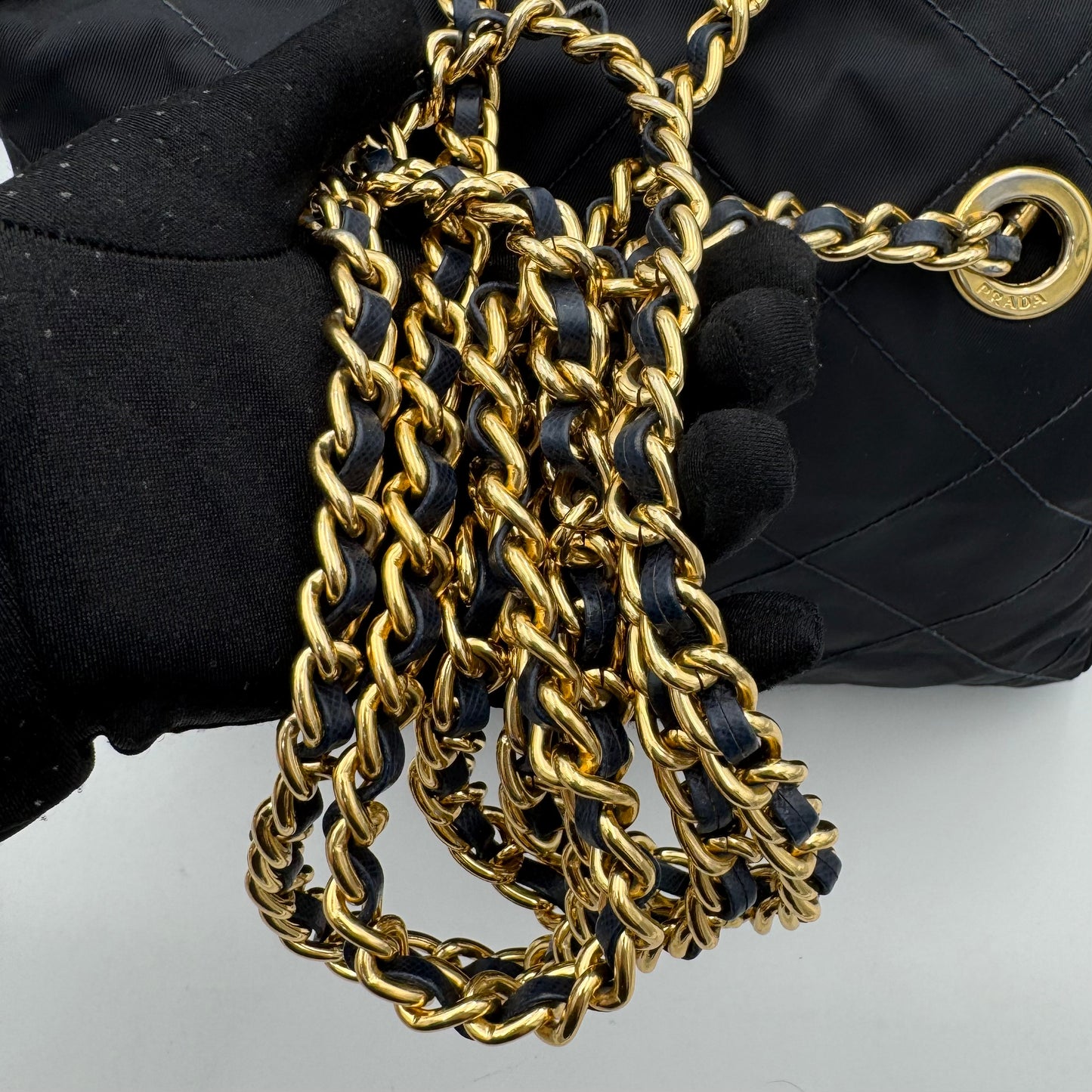 Prada Dark Blue Quilted Nylon Zip Chain Bag GHW