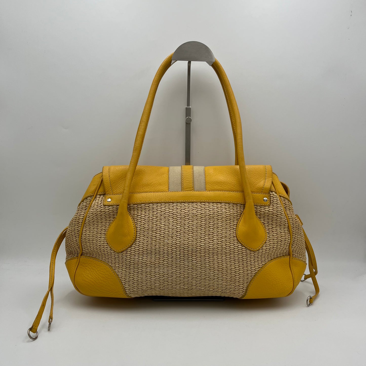 Prada Lizard Trimmed Yellow Leather Raffia Shoulder Bag